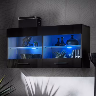 Vitrine Murale Komodee SAVONA – LED bleues – Noir Brillant et Noir – Facades Brillant – 100 x 50 x 30 cm