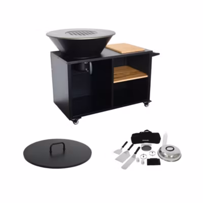 Brasero de cuisson D.80cm avec grille de cuisson. espace de rangement. couvercle et ustensiles. L 138 x P 82 x H 114 cm