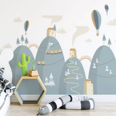 Stickers montagnes scandinaves montgolfières haut dans le ciel 80 x 120 cm