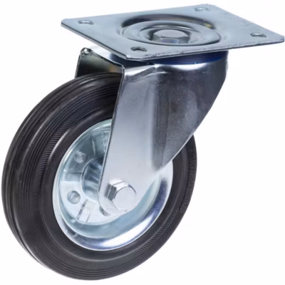 Roulette pivotante de 200 mm avec bandage en caoutchouc noir sur une roue centrale en acier embouti