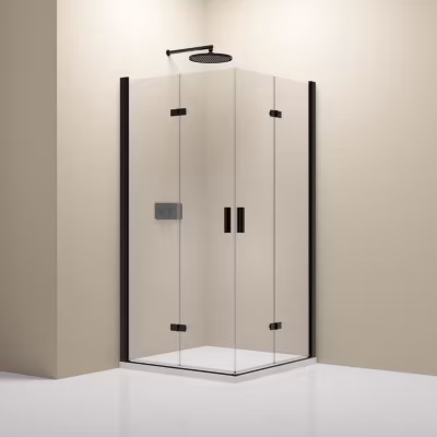 Cabine de douche d&rsquo;angle 80x80x190cm (LxPxH) verre 8mm, 2 portes pliantes, Profilé noir mat – NT213