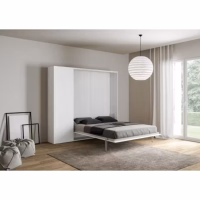Lit escamotable vertical et demi avec colonne en frêne blanc – Kentaro – Compact – 3 étagères – 134x215cm