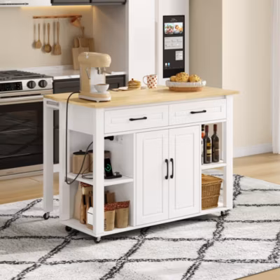 Îlot de Cuisine Buffet avec Roulettes – 2 Tiroirs, 2 Portes, Prises AC + USB, MDF, 120x77x93 cm – Blanc et Naturel