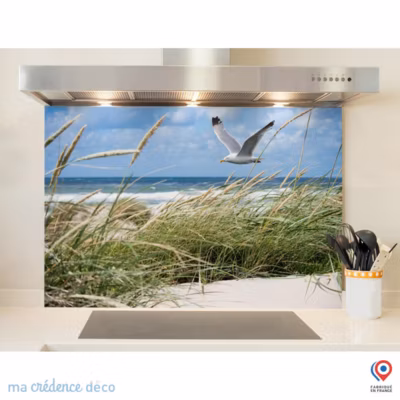 Crédence cuisine fond de hotte Dunes et mouettes 2 – Verre trempé – L 90 cm x H 60 cm – MaCrédenceDéco