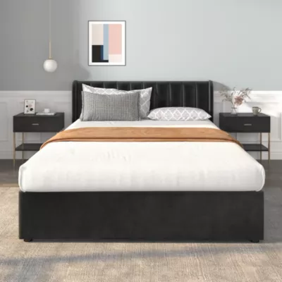 Lit 140×200 cm avec tête de lit rembourrée en velours noir et 2 tiroirs de rangement, sommier à lattes en bois