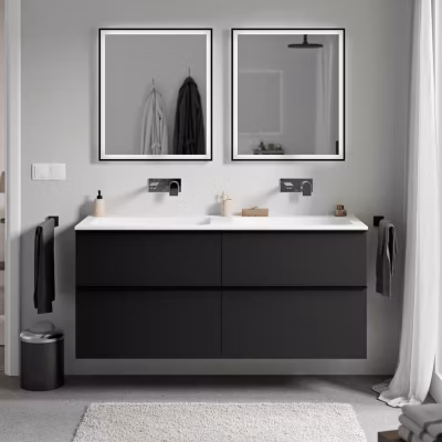 Meuble vasque suspendu MDF Noir mat, lavabo fonte Blanc mat sans trou robinet, poignée Chrome – 140x46x62cm – LAVOA