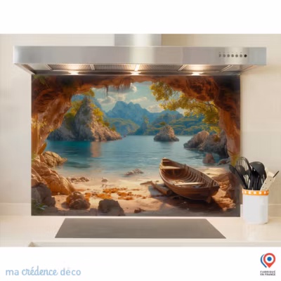 Crédence cuisine fond de hotte Barque et îles désertes – Verre trempé – L 60 cm x H 45 cm