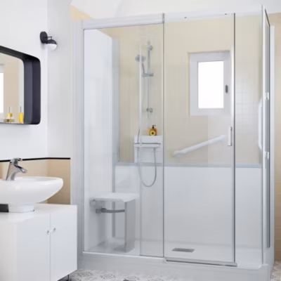 Cabine de douche Kinedo Kinemagic Design 140×80 angle basse coulissante verre transparent avec mitigeur