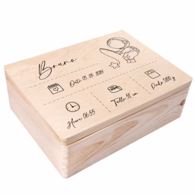 Creative Deco Boîte en Bois Personnalisée Naissance – Motif Astronaute – 40 x 30 x 14 cm – Cadeau Souvenir Bébé Personnalisable