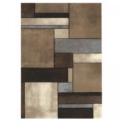 Tapis salon et chambre tissé motif géométrique LYN8 GEOME, Marron, noir, beige