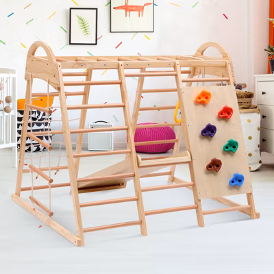 Aire de jeux 7 en 1 avec toboggan, balançoire et filet d&rsquo;Escalade, 140 x 120 x 120 cm