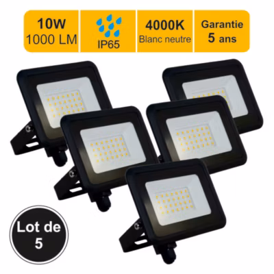 Lot de 5 projecteurs LED 10W/IP65/1000lm/4000K connexion directe – sans câble – garantie 5 ans