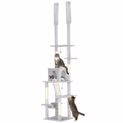 Arbre à chat du sol au plafond XXL H.225-255 cm griffoir sisal 6 niveaux niche hamac plateformes échelle 2 pompons gris clair