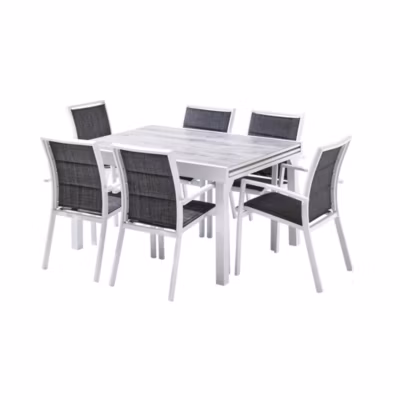 Ensemble MODULO 6/10p en aluminium blanc et verre décors bois avec 6 fauteuils en textilène