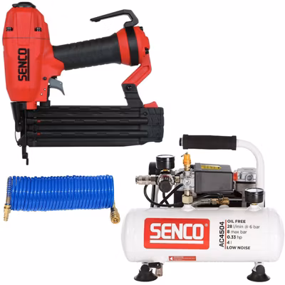 Lot Finition Senco: Cloueur Finishpro18bl G18 + Compresseur Ac4504 + Tuyau Spiralé – Senco-b5