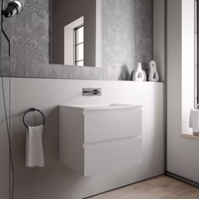 Meuble vasque suspendu MDF Blanc mat, lavabo fonte Blanc mat sans trou robinet – 60x46x50cm – AVA CREAM