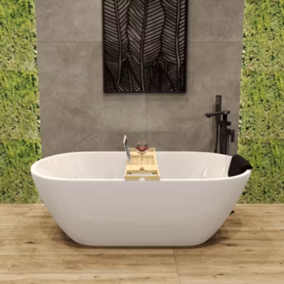 Baignoire à poser îlot ASGER 170×75 acrylique blanc + tablette de bain en bambou + appuie-tête KODI + Vidage à chromé