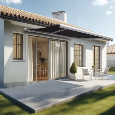 Store banne coffre MEEL 4,00×3,00m (Manuelle – Gris Graphite – Blanc)