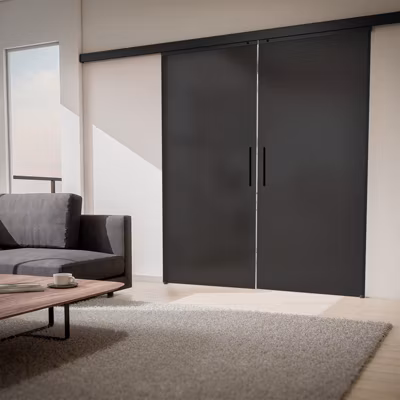 Porte coulissante complète Schulte  – 180×203 – double porte – vitrée opaque anthracite – barre – double softclose