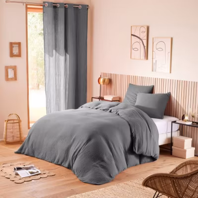 Parure de couette « Noah » Gaze de Coton 240 x 220 pour lit 2 Places 140 à 160 cm – Noah Ardoise