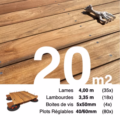 Kit complet terrasse bois exotique JATOBA pour 20 m², Lames 4 m, lambourdes 3,65 m, plots réglables et visserie Inox.