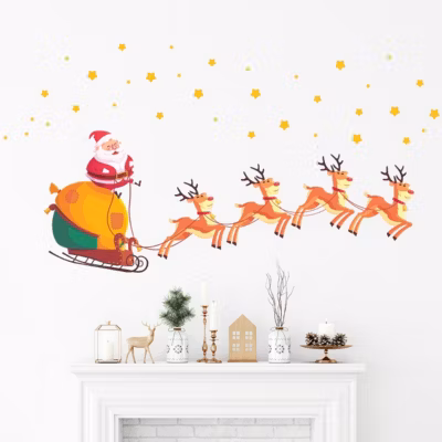 Sticker Noël le père noël, rennes et les étoiles magiques – Autocollants stickers adhésifs noël – décoration fêtes – 80x120cm