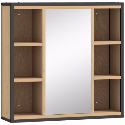Armoire de salle de bain avec miroir, 6 compartiments ouverts, étagère à 3 niveaux, fixation murale, chêne