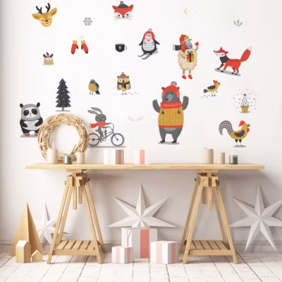 Sticker Noël animaux hivernales – Autocollants stickers adhésifs noël – décoration fêtes – 50x80cm