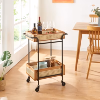 Chariot de service Tervola 81 x 61 x 39 cm noir effet bois aspect rotin en.casa