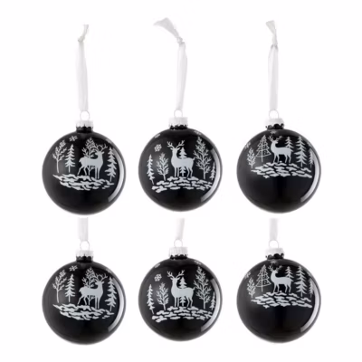 Lot de 6 Boules de Noël « Renne » 8cm Noir & Blanc