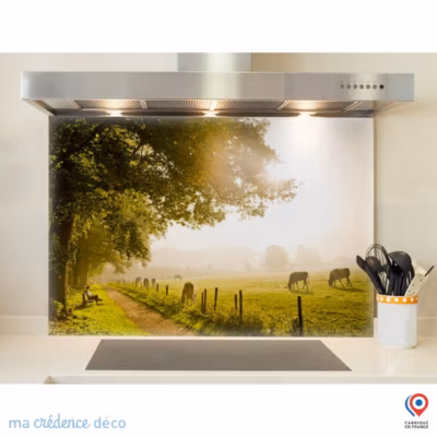 Crédence cuisine fond de hotte champ de vaches lumineux – Verre trempé – L 90 cm x H 60 cm – MaCrédenceDéco