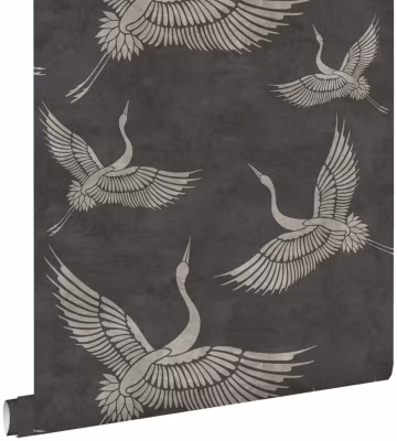 ESTAhome papier peint oiseaux de grue gris foncé 53 cm x 10.05 m