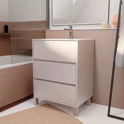 Pack Meuble Salle de Bains 60 cm Laqué Blanc, 3 tiroirs avec Vasque Céramique – XENOS
