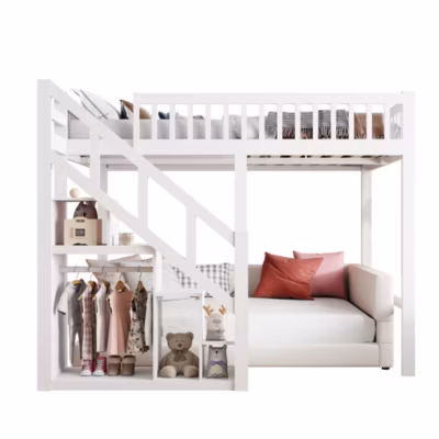 Lit superposé enfant 140×200 cm, cadre de lit en bois avec escalier, clôtures et portes, lit au sol, blanc, sans matelas
