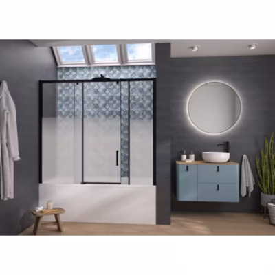 Pare-bain Kinedo Smart Design Pegasus coulissant pose entre 2 murs 180×148 gris noir grainé verre sérigraphié partie fixe à gauche