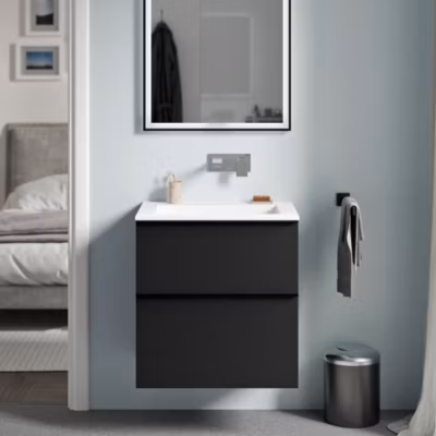 Meuble vasque suspendu MDF Noir mat, lavabo fonte Blanc mat sans trou robinet, poignée Noir mat – 60x46x62cm – LAVOA