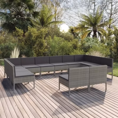 vidaXL Salon de jardin 12 pcs, avec coussins, Résine tressée Gris