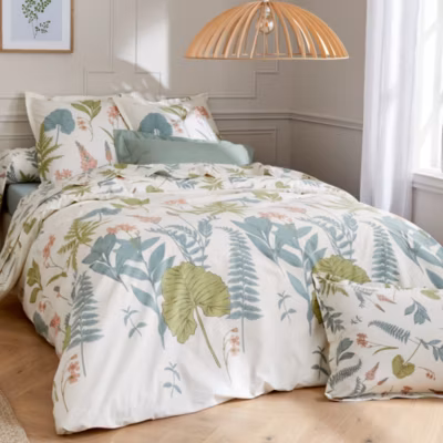 Parure de lit 140×200 cm 65×65 cm percale de coton FÉERIE Blanc sauge