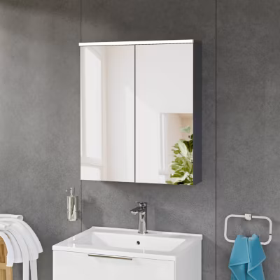 Armoire de toilette suspendue Anthracite mat 60x18x70cm (LxPxH) 2 portes miroir, éclairage LED, tablettes en verre – SOLO