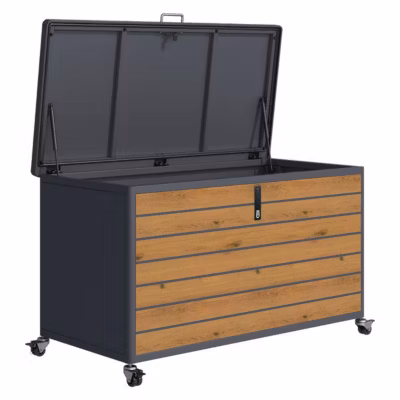 Coffre de jardin 460 L à roulettes métal imitation bois
