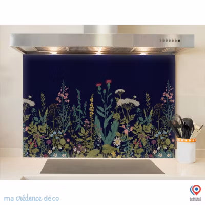Crédence cuisine fond de hotte fleurs sauvages et colorées noir – Verre trempé – L 90 cm x H 60 cm – MaCrédenceDéco