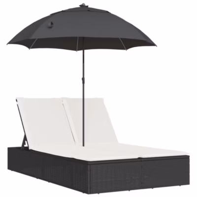 Chaise longue double et coussins et parasol noir résine tressée vidaXL