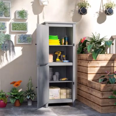 Armoire de Jardin – Meuble de Rangement avec 2 Portes et Étagères Amovibles, Bois Gris Clair – 60x60x160 cm