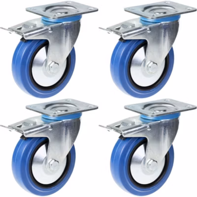 Roulettes pivotantes de 125 mm (5 pouces) en caoutchouc bleu avec frein, capacité de charge élevée (800 kg), lot de 4