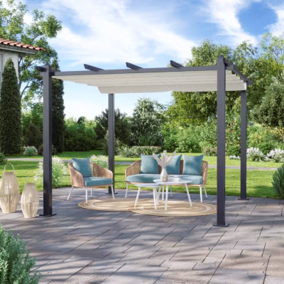 Tonnelle/Pergola aluminium 3x3m toile coulissante rétractable – Gris Ecru – HERO