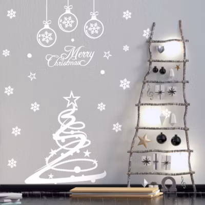 Sticker Merry christmas – 55x55cm – blanc – Autocollants adhésifs noël – décoration fêtes