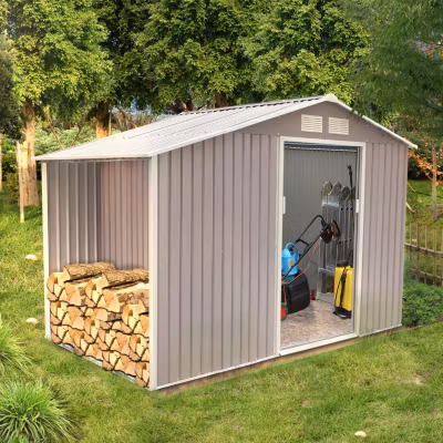 Abri de jardin avec abri bûches 6,53 m² en acier gris VENTOUX