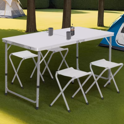 Table de camping pliante réglable en hauteur 120 cm et 4 tabourets blanc