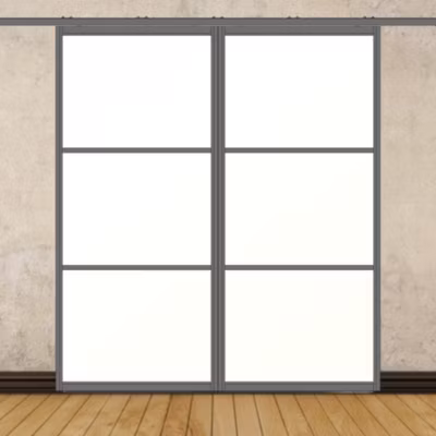 Porte double coulissante H 2088 x L 967 mm – 3 verres horizontaux – trempé 6 mm opale – gris