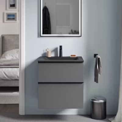Meuble vasque suspendu MDF Anthracite mat, lavabo fonte Noir mat + trou robinet, poignée Noir mat – 60x46x62cm – LAVOA